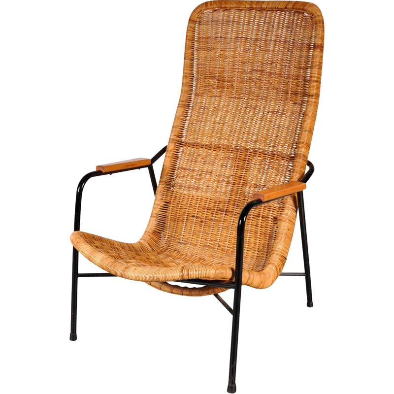 Vintage easy chair in wicker, metal and leather, Dirk van SLIEDREGT - 1950s