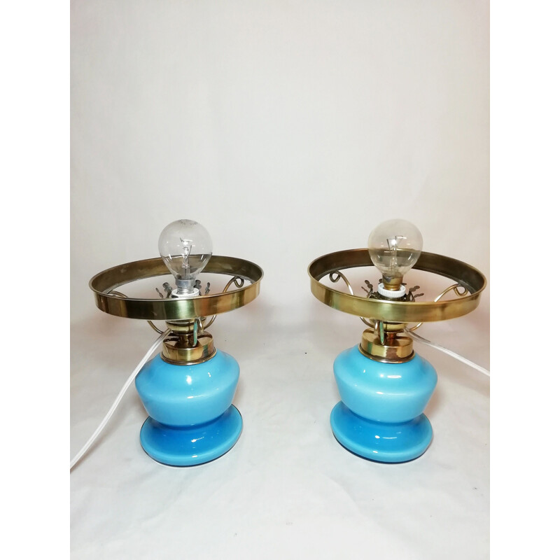 Pair of vintage table lamps  in opaline glass and brass