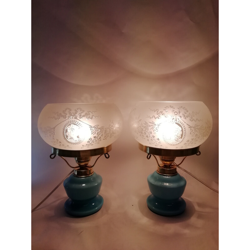 Pair of vintage table lamps  in opaline glass and brass