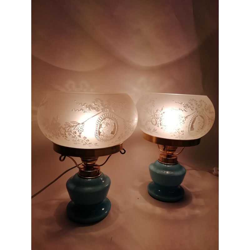 Pair of vintage table lamps  in opaline glass and brass