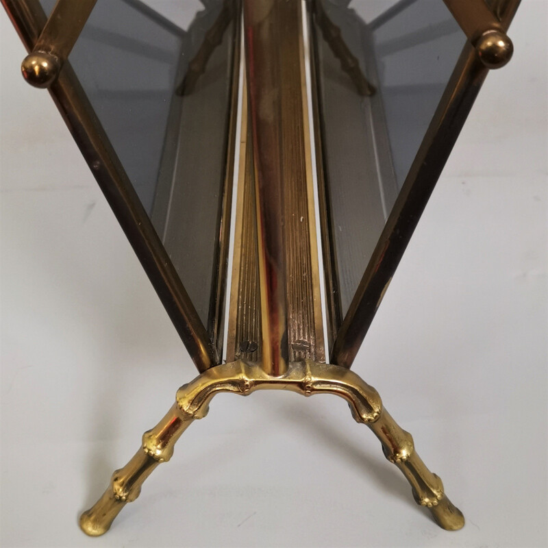 Vintage magazine rack in brass and smoked glass