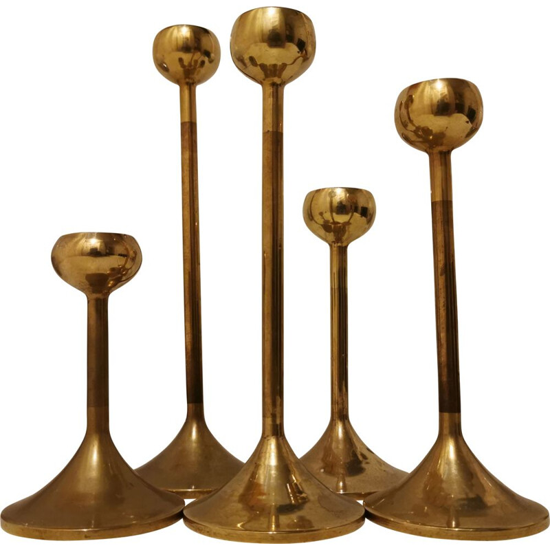 Set of 5 Scandinavian vintage brass candlesticks, 1970s