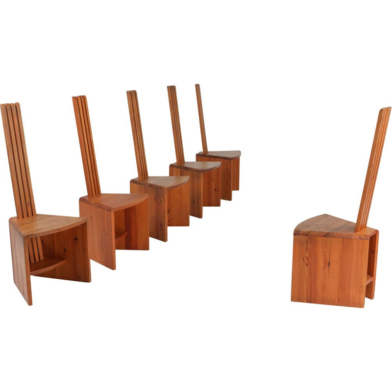 Set of unusual vintage chairs in pine, 1960s