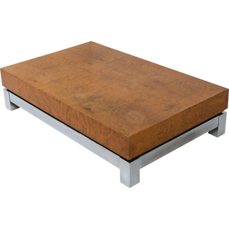 Burl and chrome vintage coffee table in style of Claude Mahey, 1970s