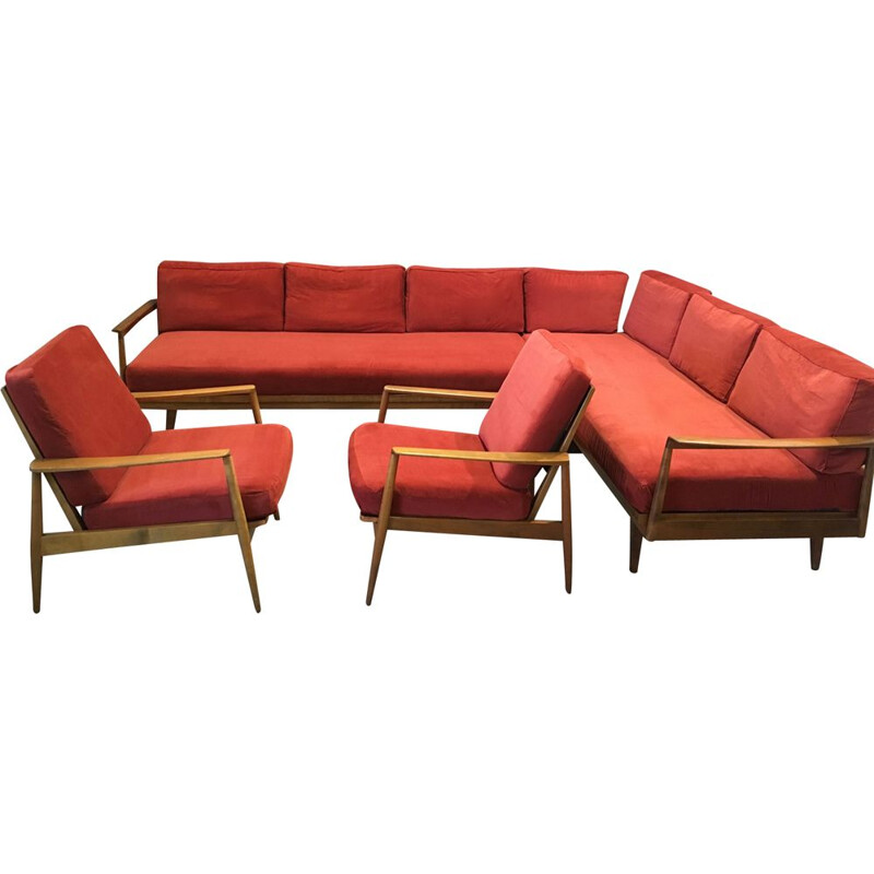 Ensemble de salon rouge modulable de 2 canapés et 2 fauteuils, 1950