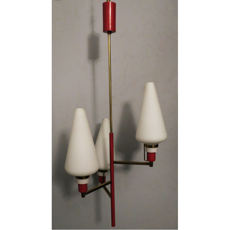 Vintage Italian Brass and Milk Glass Three-Light Chandelier by Stilnovo, 1950s