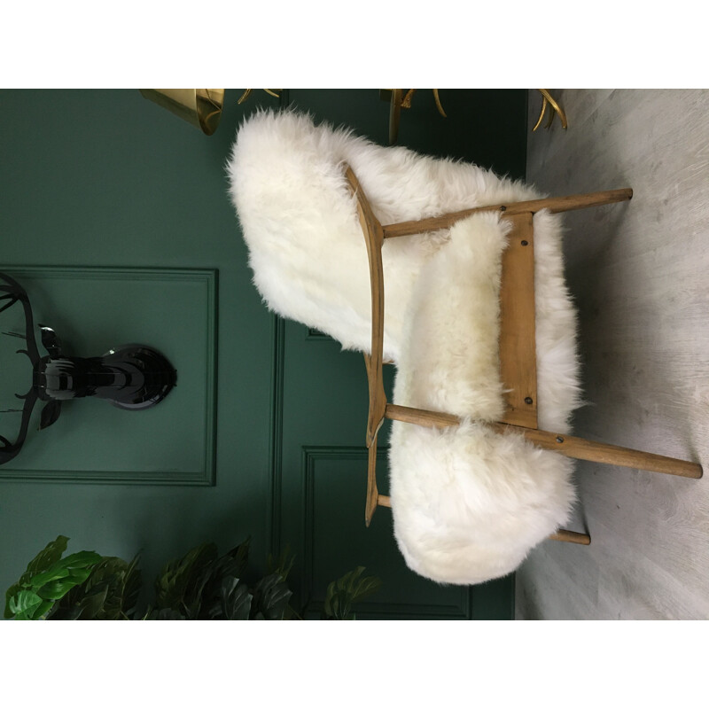 Vintage Art Deco White Sheepskin Fluffy "Fury Chair" Armchair 