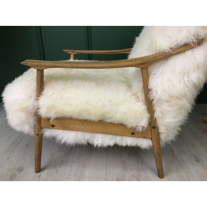 Vintage Art Deco White Sheepskin Fluffy "Fury Chair" Armchair 