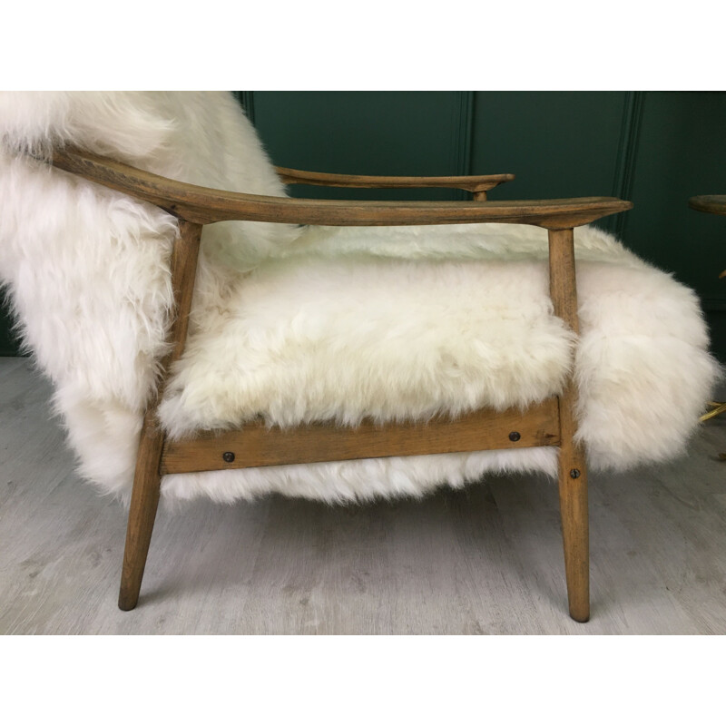 Vintage Art Deco White Sheepskin Fluffy "Fury Chair" Armchair 