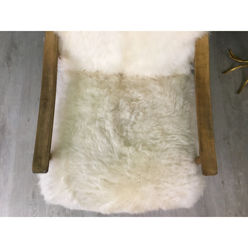 Vintage Art Deco White Sheepskin Fluffy "Fury Chair" Armchair 