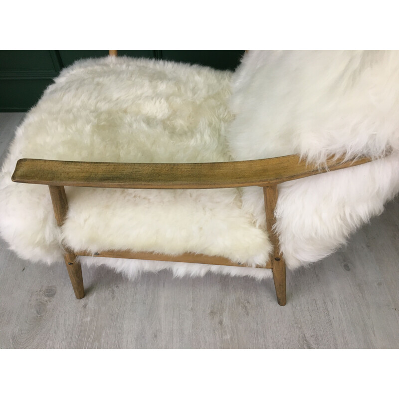 Vintage Art Deco White Sheepskin Fluffy "Fury Chair" Armchair 
