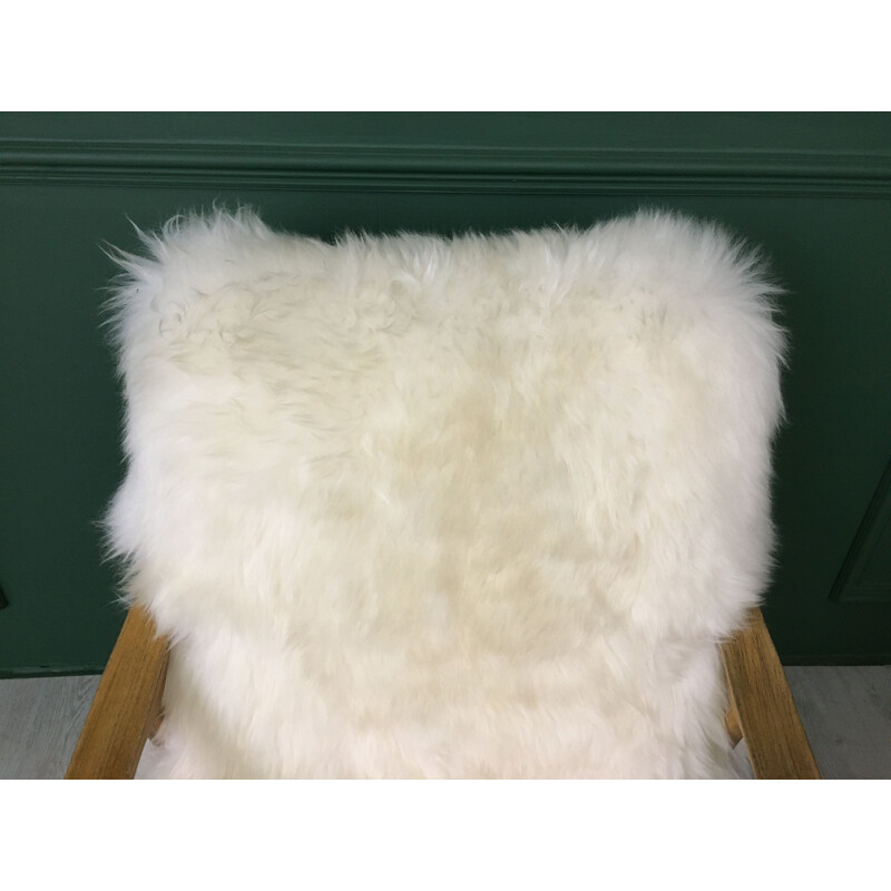 Vintage Art Deco "Fury Chair" armchair in white plush sheepskin 