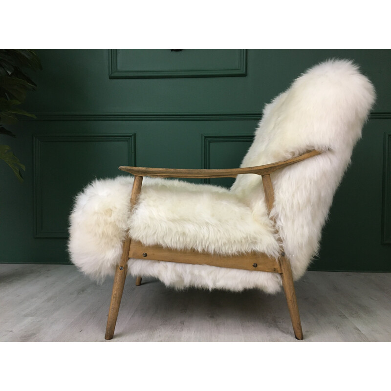 Vintage Art Deco "Fury Chair" armchair in white plush sheepskin 