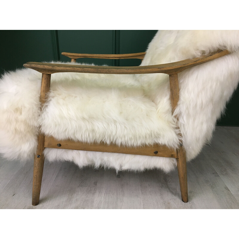 Vintage Art Deco "Fury Chair" armchair in white plush sheepskin 