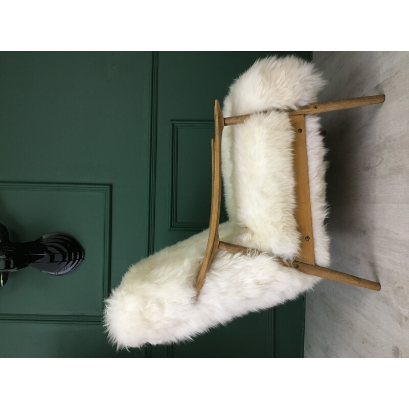 Vintage Art Deco "Fury Chair" armchair in white plush sheepskin 