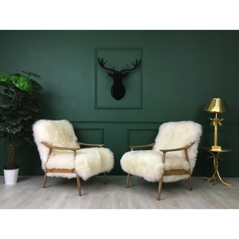 Vintage Art Deco "Fury Chair" armchair in white plush sheepskin 