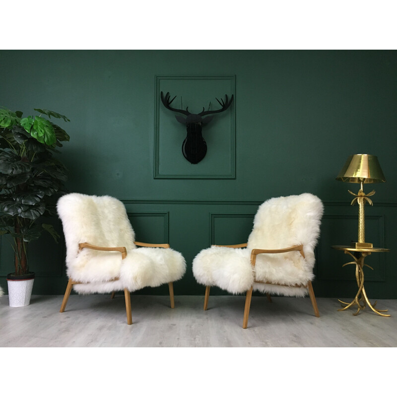 Vintage Art Deco "Fury Chair" armchair in white sheepskin 