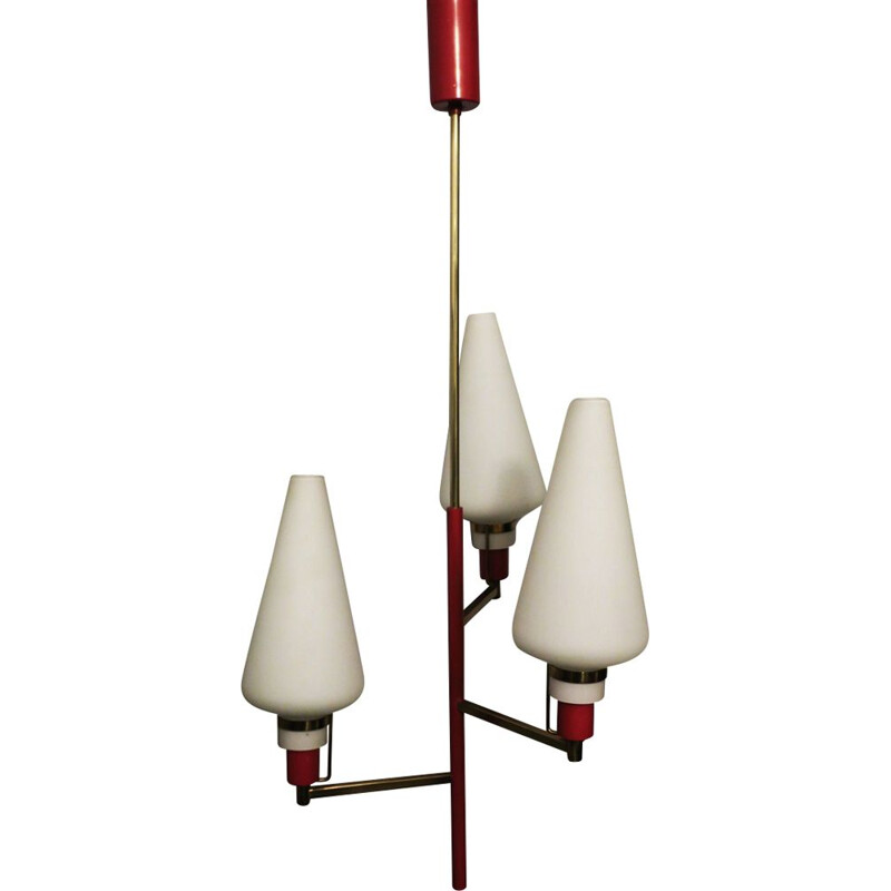 Vintage Italian Brass and Milk Glass Three-Light Chandelier by Stilnovo, 1950s