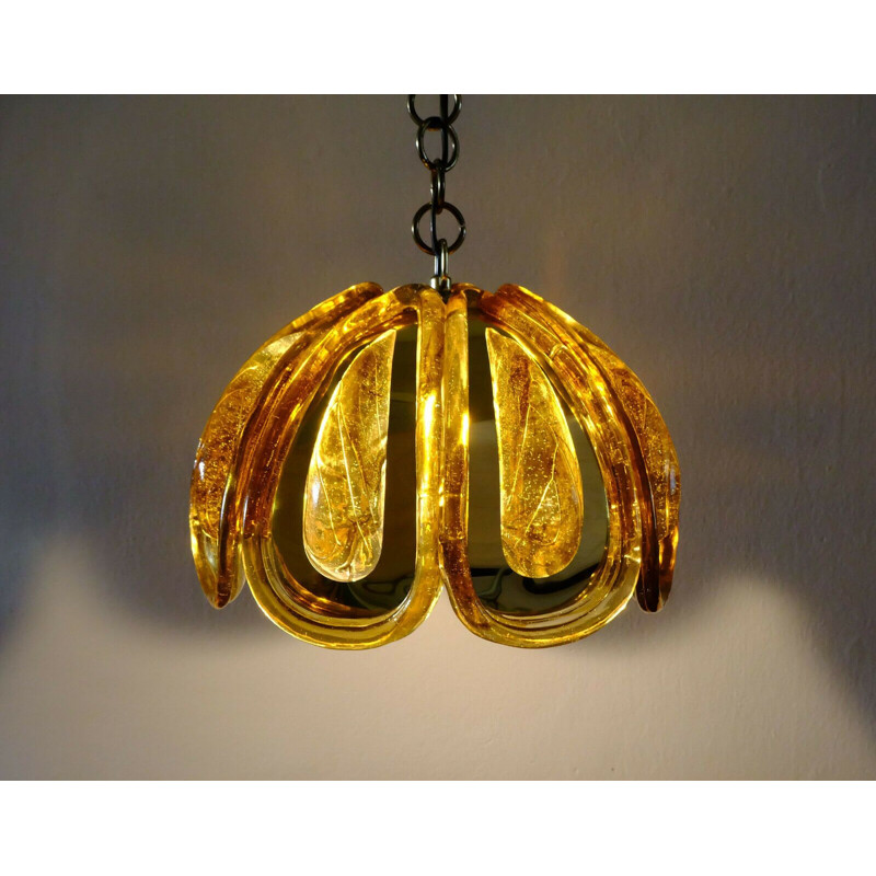  Vintage Pendant Lamp amber color acrylic and brass by Kaiser-Leuchten, 1970
