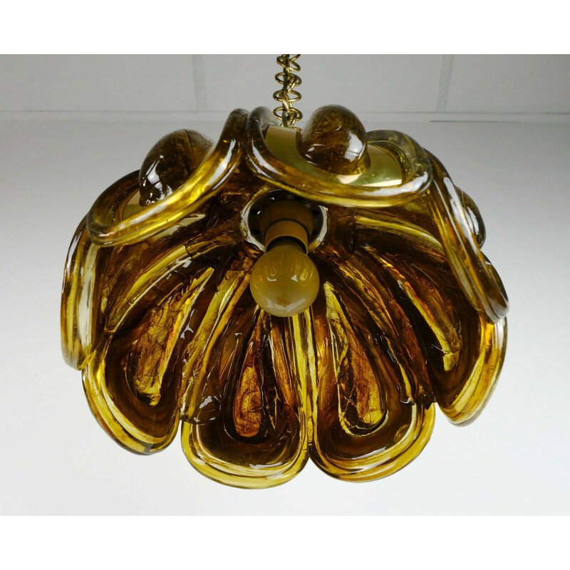  Vintage Pendant Lamp amber color acrylic and brass by Kaiser-Leuchten, 1970