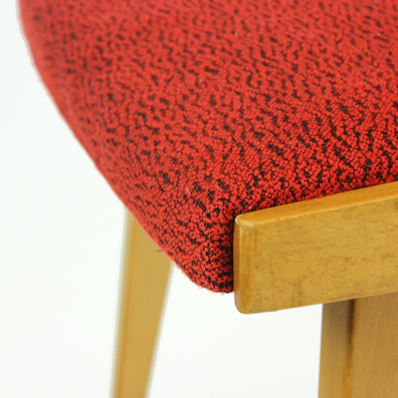 Set of 4 vintage Chairs In Blond Beech & Red Fabric, Czechoslovakia 1965