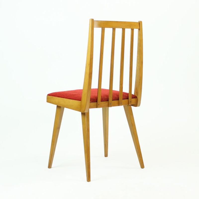 Set of 4 vintage Chairs In Blond Beech & Red Fabric, Czechoslovakia 1965
