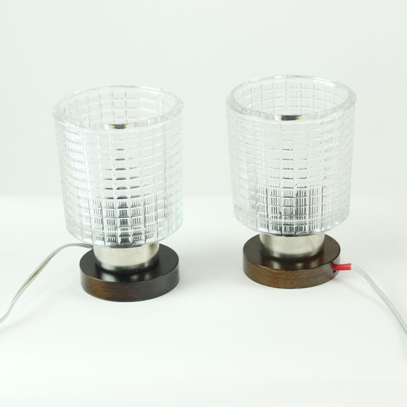 Pair of vintage glass and wood table lamps, Czechoslovakia 1960