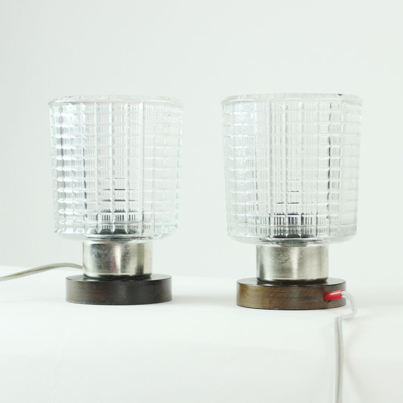 Pair of vintage glass and wood table lamps, Czechoslovakia 1960