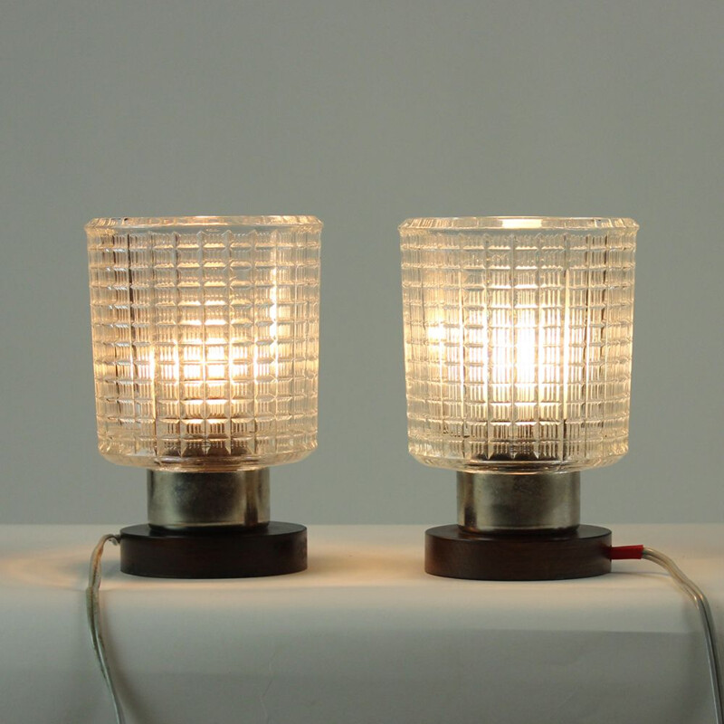 Pair of vintage glass and wood table lamps, Czechoslovakia 1960