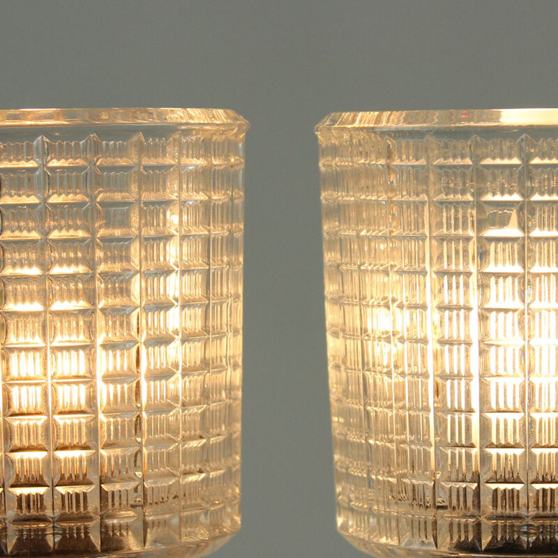 Pair of vintage glass and wood table lamps, Czechoslovakia 1960