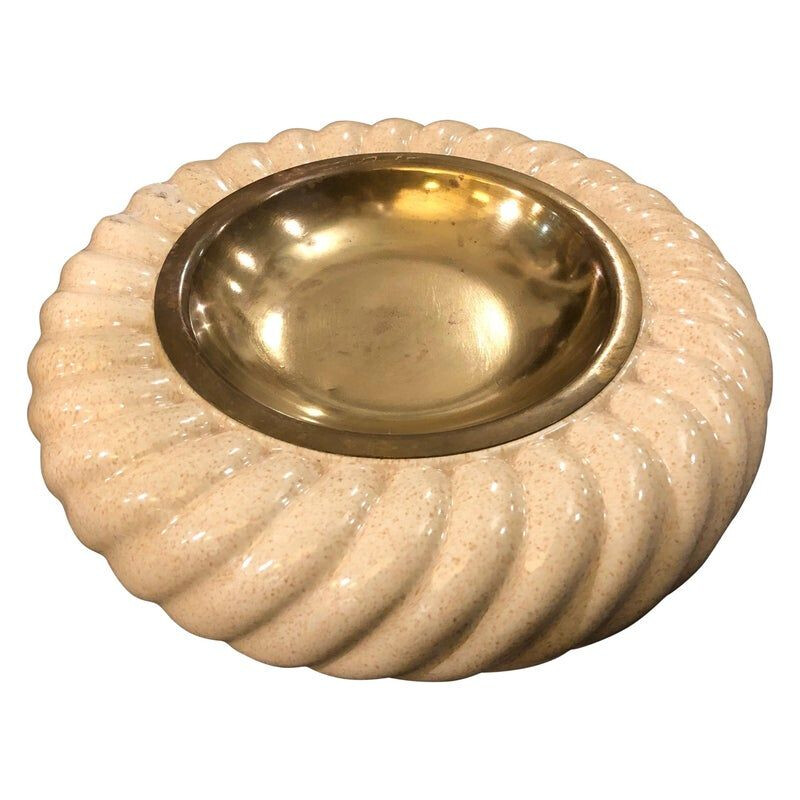 Vintage Brass and Ivory Porcelain Ashtray by Tommaso Barbi, 1970