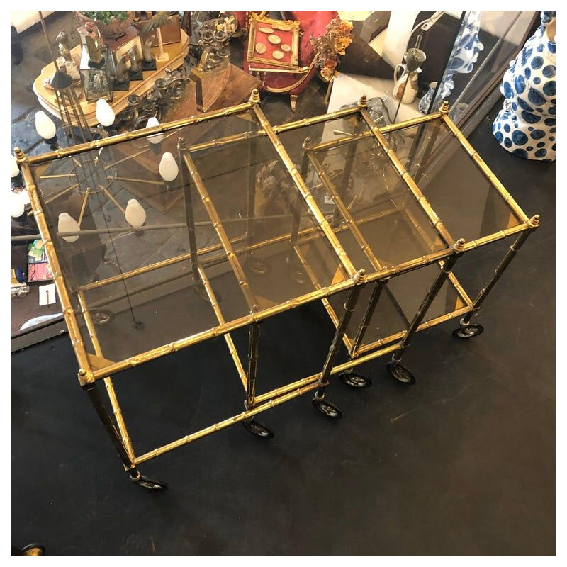 Vintage Set of Brass and Smoked Glass Nesting Tables, 1960