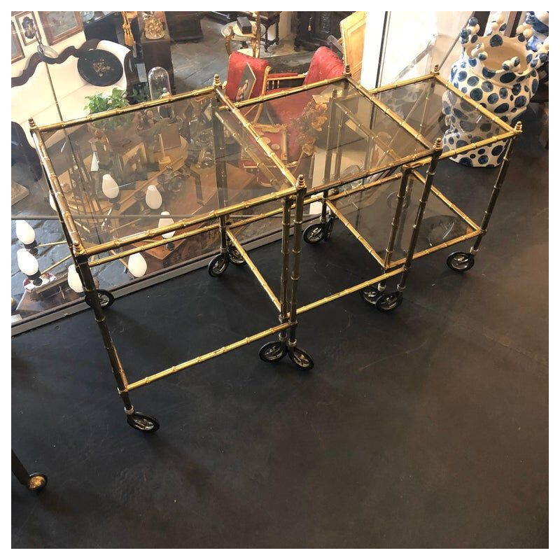 Vintage Set of Brass and Smoked Glass Nesting Tables, 1960