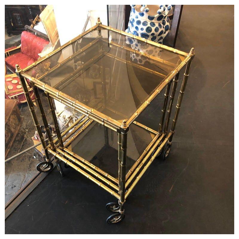 Vintage Set of Brass and Smoked Glass Nesting Tables, 1960