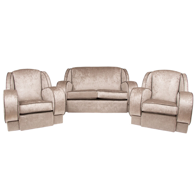 Vintage lounge set in silver fabric with 1 sofa and 2 armchairs