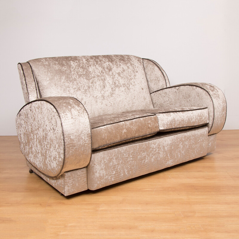 Juego de salón vintage de tela plateada con 1 sofá y 2 sillones