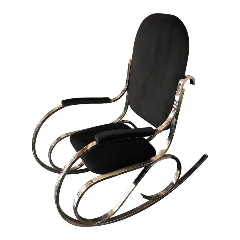 Cadeira de baloiço italiana em cromo e veludo preto, 1970