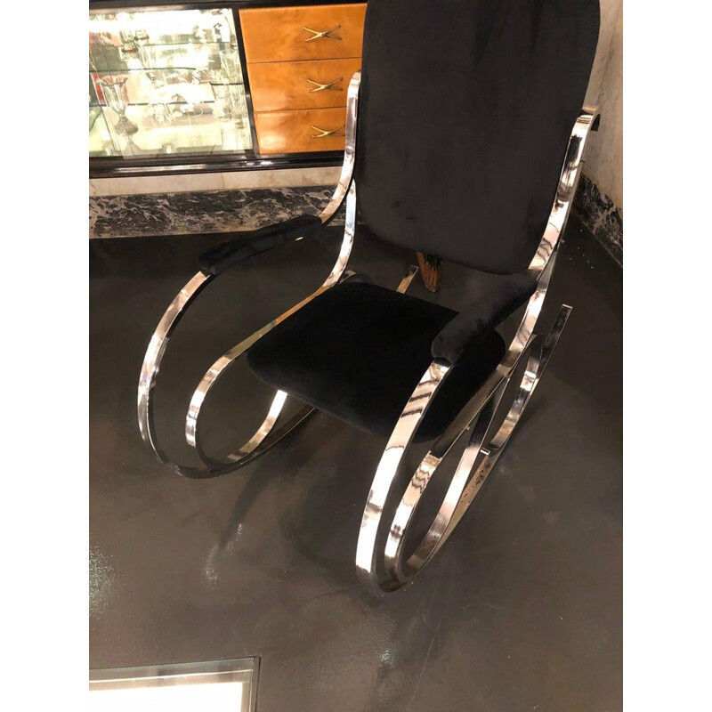 Italian rocking chair in chrome and black velvet, 1970