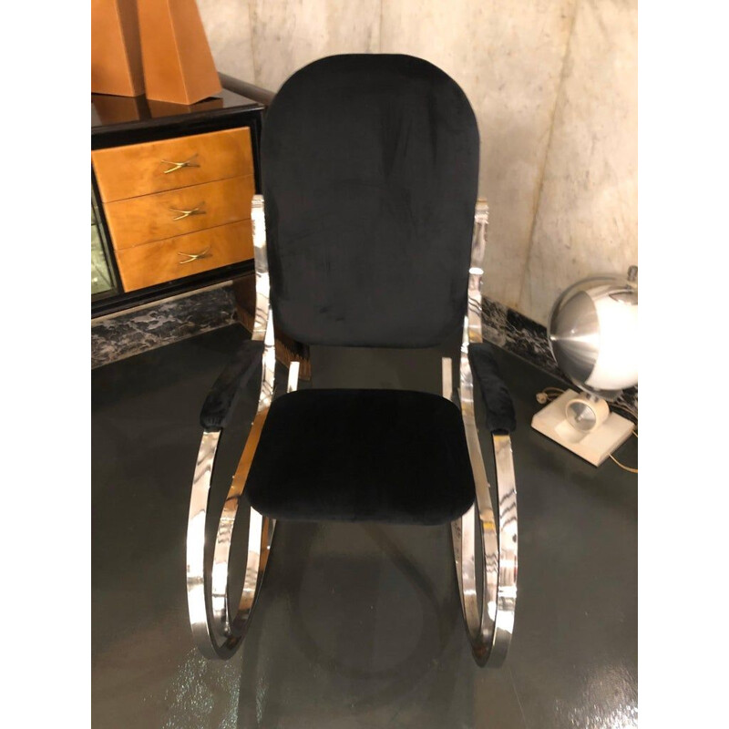 Italian rocking chair in chrome and black velvet, 1970