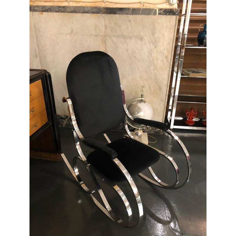 Italian rocking chair in chrome and black velvet, 1970