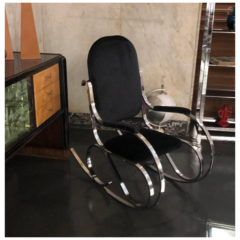 Italian rocking chair in chrome and black velvet, 1970