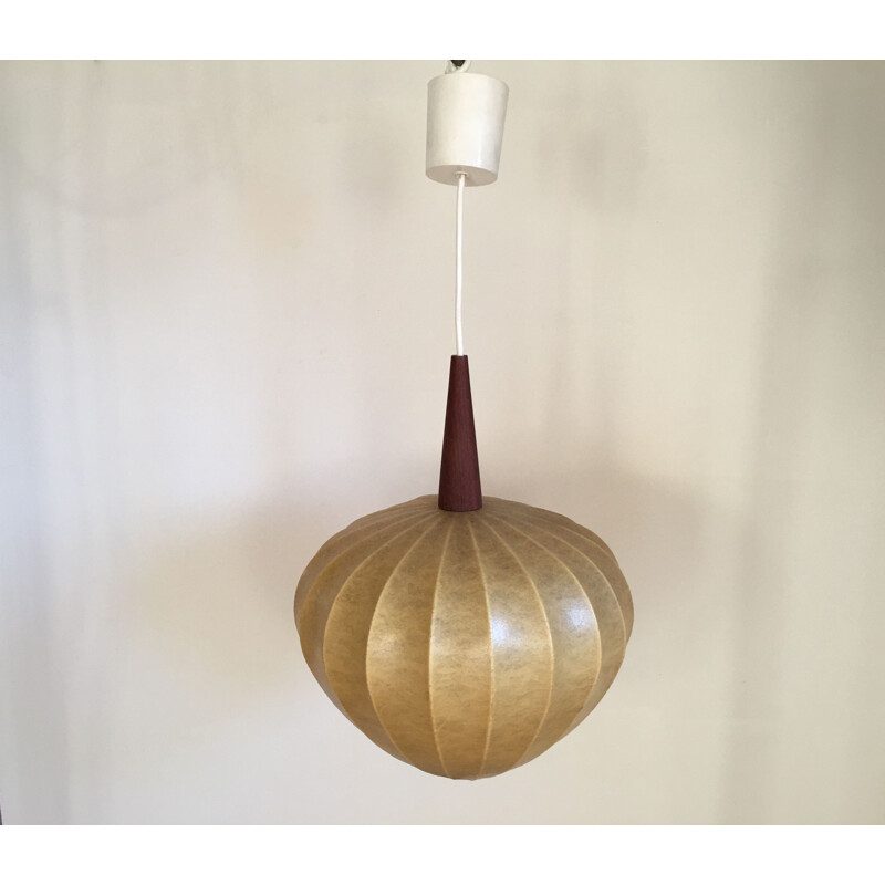 Vintage resin and teak hanging lamp, 1960