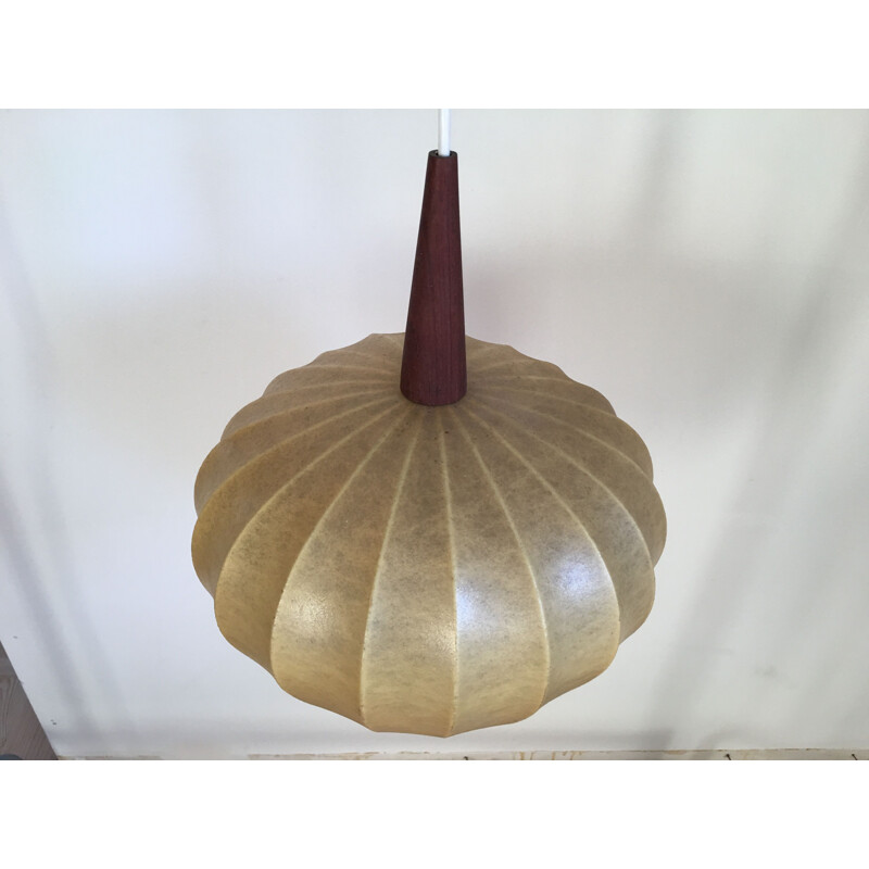 Vintage resin and teak hanging lamp, 1960