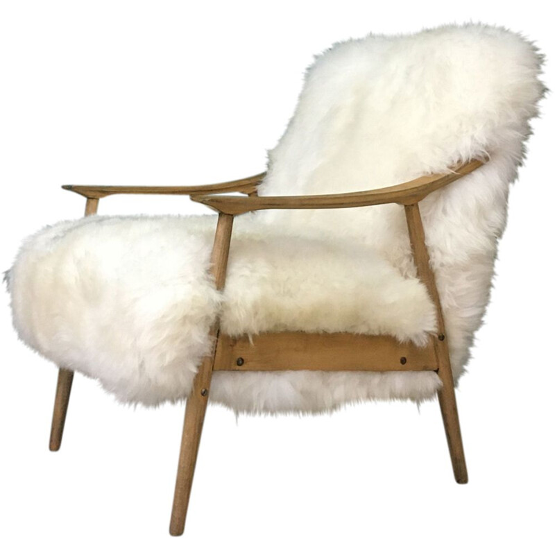 Vintage Art Deco White Sheepskin Fluffy "Fury Chair" Armchair 