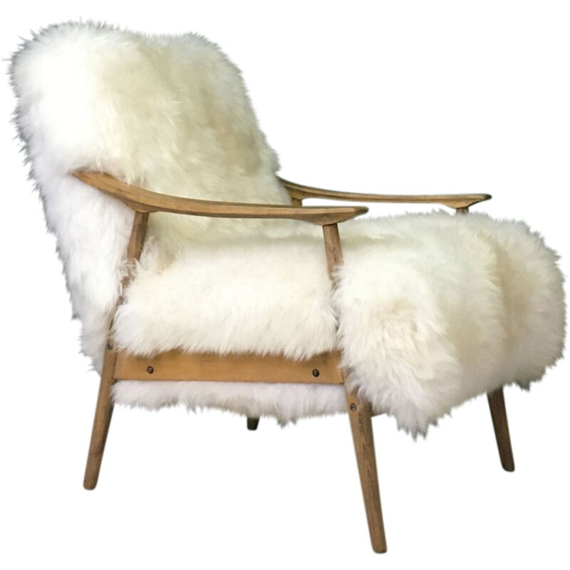 Vintage Art Deco "Fury Chair" armchair in white sheepskin 