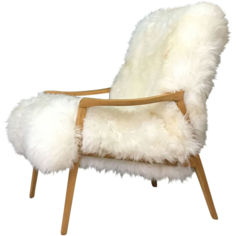 Vintage Art Deco "Fury Chair" armchair in white sheepskin 