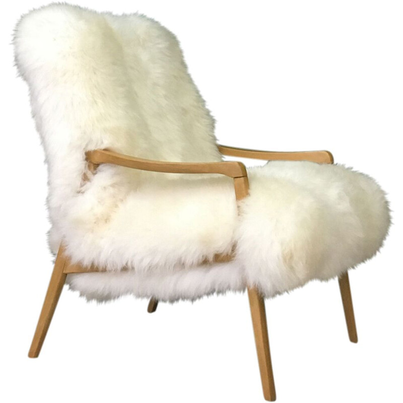 Vintage Art Deco "Fury Chair" armchair in white sheepskin 