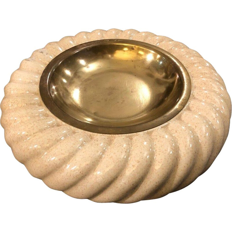 Vintage Brass and Ivory Porcelain Ashtray by Tommaso Barbi, 1970