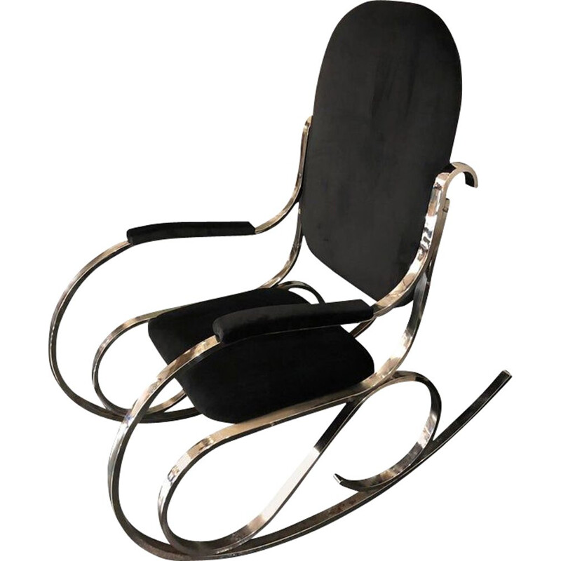 Cadeira de baloiço italiana em cromo e veludo preto, 1970