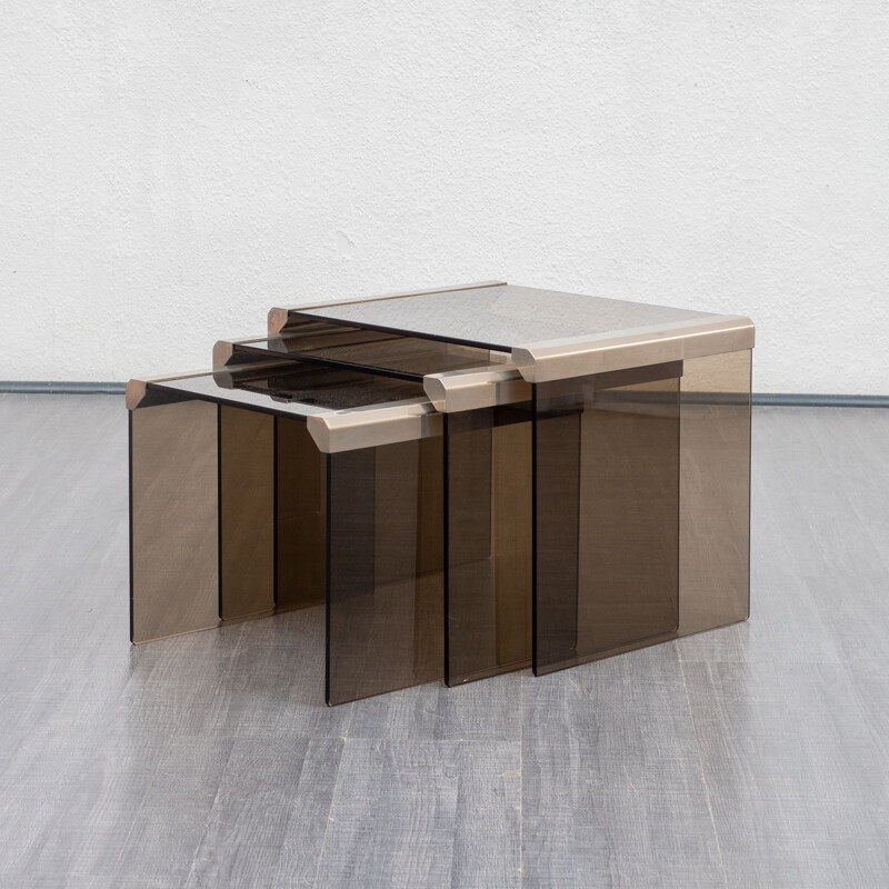 Set of 3 nesting tables model T35, smoked glass & stainless steel by Pierangelo Galotti for Galotti & Radice 1970s